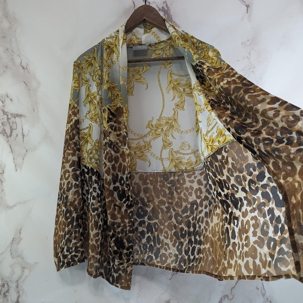 Chicos Ruana Womens Medium Wrap Cardigan Topper Blouson Leopard Link Chain - Picture 8 of 10